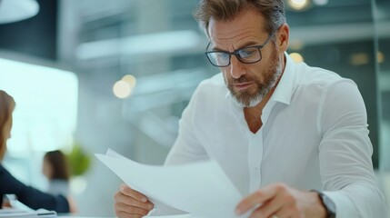 Poster - A focused man in glasses examines documents in a modern office setting.