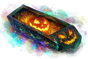 A spooky coffin features glowing jack-o'-lanterns inside, surrounded by colorful splashes, perfect for Halloween festivities.