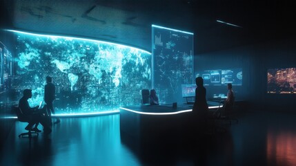 Aufkleber - Silhouetted Figures Working in a Futuristic Control Room with Global Data Displays