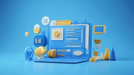 Poster - a vibrant blue workspace with minimalist 3d elements representing data analysis and digital communic