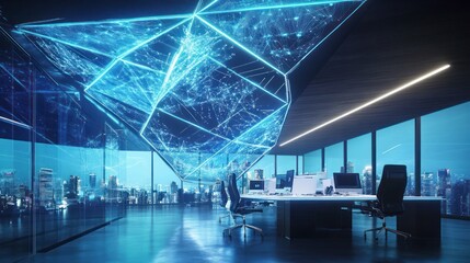 Aufkleber - Modern Office Interior with Futuristic Network Design and City Skyline View