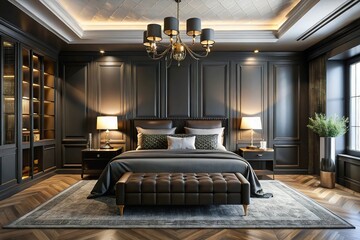 Luxurious modern black retro style master bedroom with minimalist design