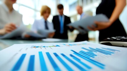 Poster - A business meeting with charts and reports on a table, indicating analysis and collaboration.