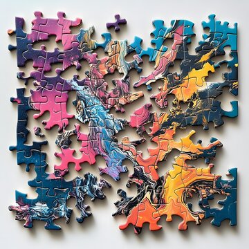 A puzzle morphing into different shapes as pieces rearrange themselves, showcasing alterability and fluid transformation, with vibrant, shifting colors.
