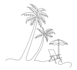 Beach umbrella and lounger near palm tree , continuous editable single line drawing. Concept of summer vacation, vacation at the seaside