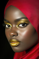 Poster - woman in a red head wrap and gold makeup