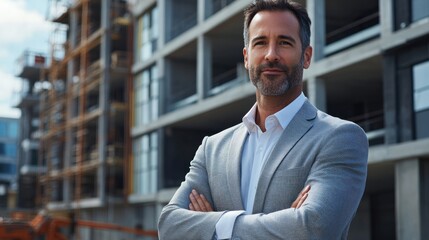 A confident man stands in front of a construction site, dressed in a stylish blazer, signaling professionalism in the real estate or construction industry.