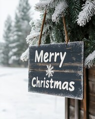 A rustic Christmas sign with snowflakes, hanging amidst frosty trees.