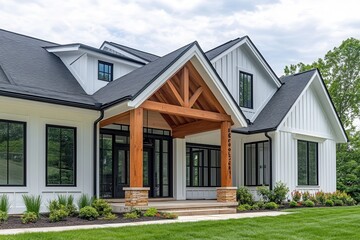 Wall Mural - A modern farmhouse with a black-and-white exterior, featuring board and batten siding