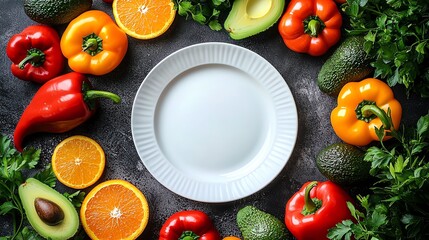 A colorful arrangement of fresh vegetables and fruits surrounding a blank plate on a textured surface, perfect for culinary displays.