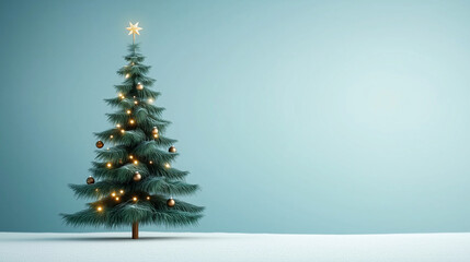 A simple yet festive Christmas tree in the heart of a snowy forest, with natural ornaments and twinkling lights, and a clear sky background with space for copy.