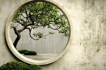 Canvas Print - Minimalist Zen Garden with Tree Through a Round Window.