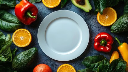 A fresh arrangement of colorful vegetables and fruits surrounding a blank plate, ideal for healthy meal presentations.