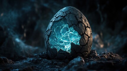 Poster - A cracked egg revealing a glowing, electric core in a dark, mysterious environment.