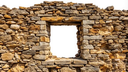 macro ancient stone wall ruin with window opening weathered texture historic site isolated on white 