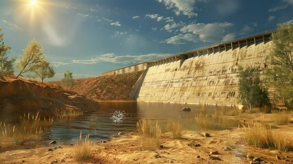 Wall Mural - animation sunlit desert oasis with majestic dam view generated with ai