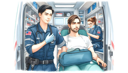 Watercolor illustration portrait of a female paramedic worker working with male co worker in roadside emergency.