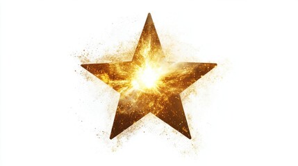 Golden star with radiant glow, white background.