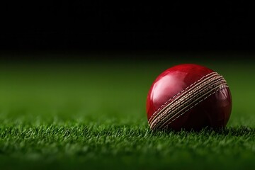 a close-up of a red cricket ball resting on lush green grass, highlighting its texture against a dar