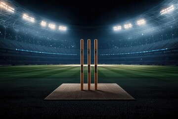 A cricket pitch is illuminated under stadium lights, showcasing the stumps at the center with a dark, atmospheric background.