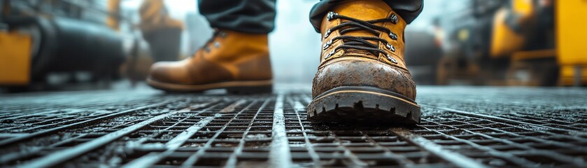 Close-up of work boots walking on a metal grate.