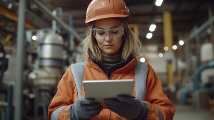 A female engineer in a hard hat and safety glasses uses a tablet in a factory setting.