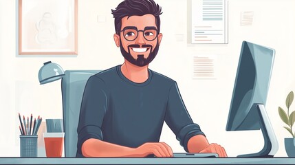 Poster - Smiling young man with glasses working at a desk in a cozy workspace during the day