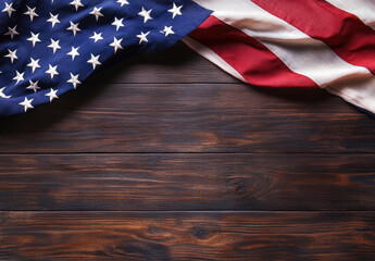 American flag bordering rustic wooden table with copy space