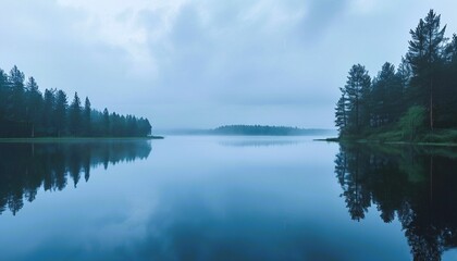 Tranquil morning panorama of a lake reflecting the blue sky and lush green mountains, with calm water and a misty river winding through the forest