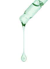 Sticker - Cosmetic oil dripping from pipette on white background, closeup