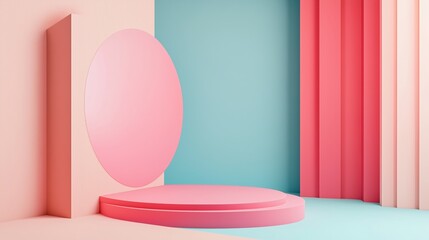 Poster - Modern minimalist studio setup featuring pink and blue colors in geometric shapes, perfect for creative projects and photo shoots