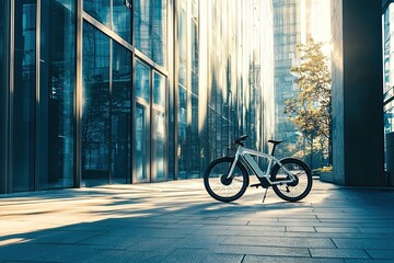 Modern electric bicycle in front of the modern office building. Business and transportation concept