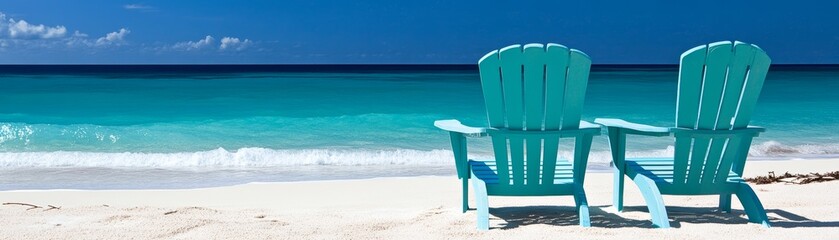 A serene seaside escape, two empty chairs await on the sandy shore, gazing out at the vast ocean