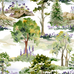 Scenery landscape of forest meadow grassland with bushes flowers, trees alpine vista rocks stones hand drawn in watercolor. Seamless pattern for tourism, resort ads, hiking camping sites, vacation.