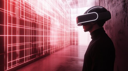 Leinwandbilder - Person Wearing VR Headset in a Glowing Red Grid Corridor