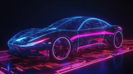 Poster - Futuristic car driving on a neon-lit circuit board, representing the integration of advanced technology, data security, and modern automotive systems.