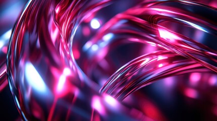 A 3D abstract background with intertwining neon tubes and metallic surfaces in a glossy dark setting.