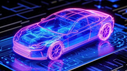 Poster - Futuristic car surrounded by neon lights on a circuit board, representing advanced vehicle technology and the importance of cybersecurity in the digital world.