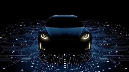 Poster - Futuristic car surrounded by neon lights on a circuit board, representing advanced vehicle technology and the importance of cybersecurity in the digital world.