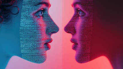 Two digital faces face each other, one in blue and the other in red, with binary code overlay, AI