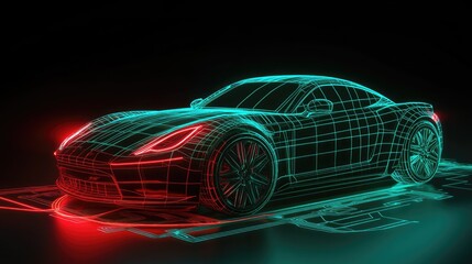 Poster - Neon lights illuminating a futuristic car on a circuit board, symbolizing advanced automotive technology and the crucial role of cybersecurity.