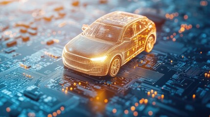 Poster - Neon lights illuminating a futuristic car on a circuit board, symbolizing advanced automotive technology and the crucial role of cybersecurity.