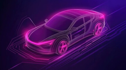 Poster - Neon lights illuminating a futuristic car on a circuit board, symbolizing advanced automotive technology and the crucial role of cybersecurity.