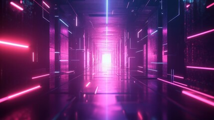 Poster - Neon Lights Illuminating a Dark, Geometric Corridor