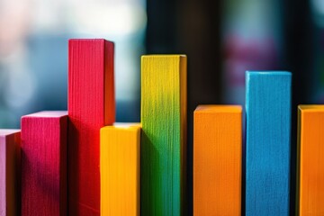 Poster - An abstract arrangement of colorful, tall rectangular blocks stands in a blurred