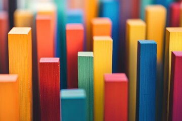 Poster - An abstract arrangement of colorful, tall rectangular blocks stands in a blurred
