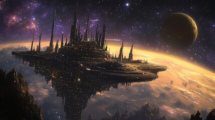 Wall Mural - a futuristic city floating in space above a planet.