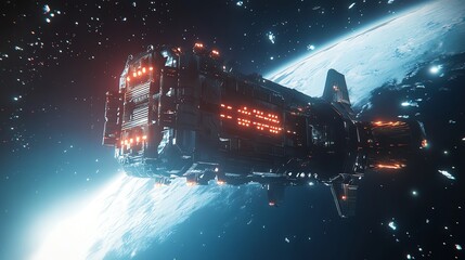 Wall Mural - a futuristic spaceship orbits a blue planet in space.