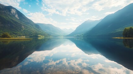 Sticker - Serene mountain lake with reflection of clouds in the water.