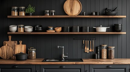 Kitchen interior with black walls, wooden countertops and wooden shelves with cooking utensils